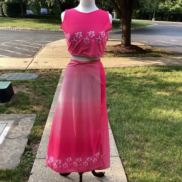 Handmade two piece swim beach dress pink polka dot and tropical flowers one size - Picture 3 of 9